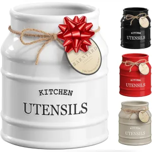 Barnyard Designs Ceramic Farmhouse Utensil Holder for Kitchen Counter, Large Rustic Utensil Crock, Countertop Cooking Tool Spatula Organizer, 6.75” (White)